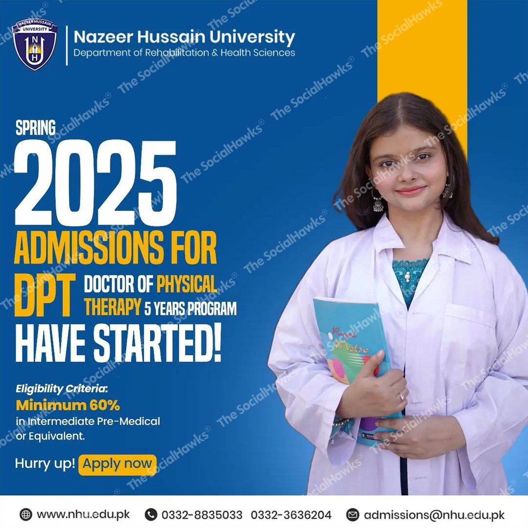 NHU Spring 2025 DPT admissions ad with female student in white coat holding books